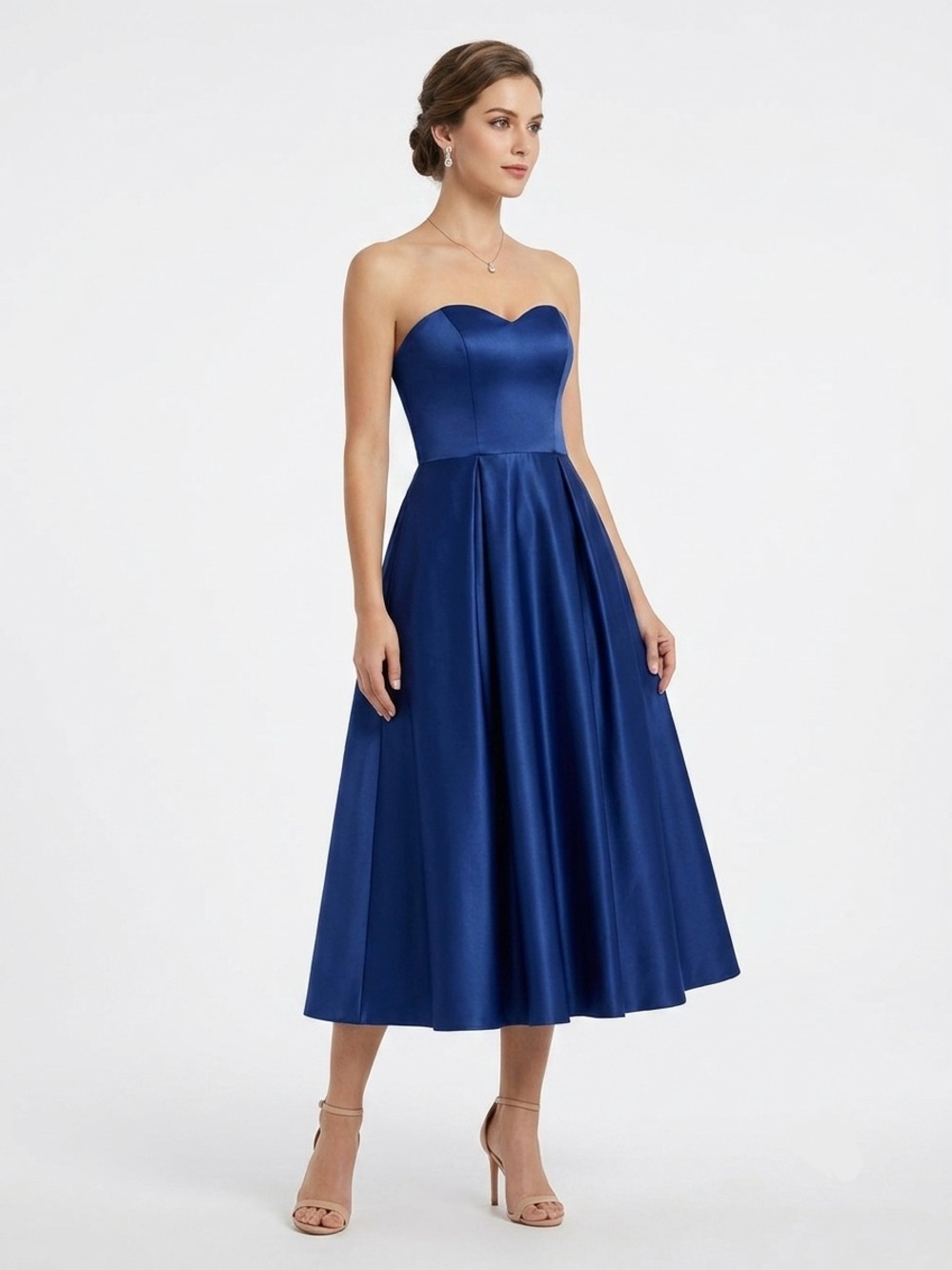 Xtraordinary, Strapless Royal Blue Satin Midi Dress - M